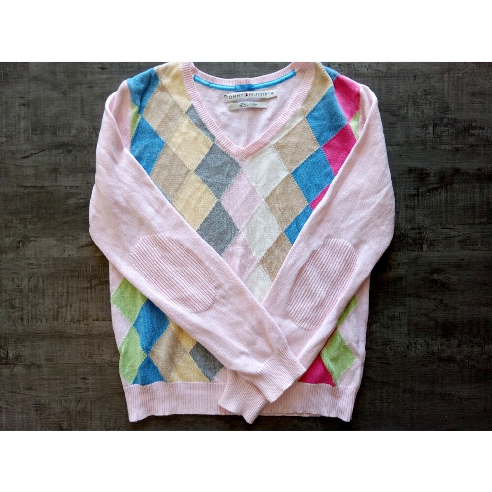 VTG Tommy Hilfiger Pink Argyle Preppy 100% Cotton Barbie Sweater Size Medium